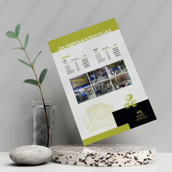 elegancka ulotka firmowa z cennikiem oliwy z oliwek na jasnym tle, zielona kolorystyka, zdjęcia produkcji, minimalistyczna kompozycja