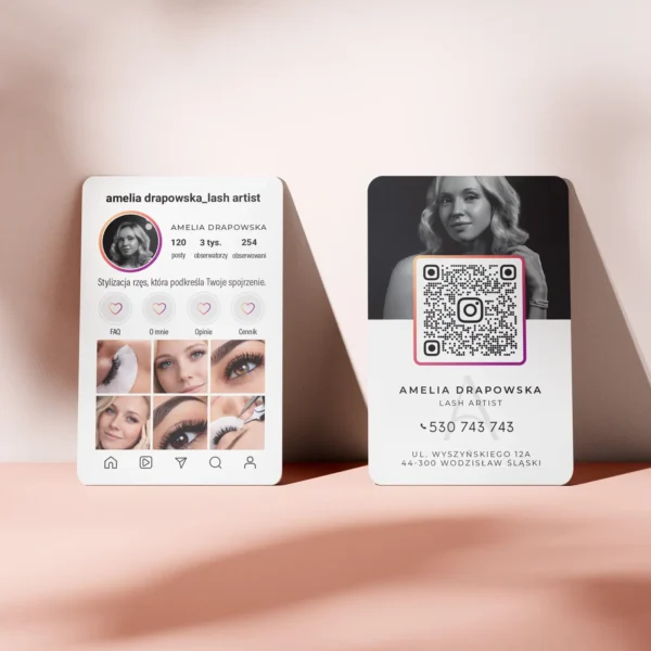 wizytówki z kodem QR do Instagrama, zaokrąglone narożniki i estetyczny projekt dla lash artist