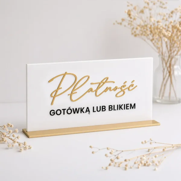 Tabliczka z informacją o płatności gotówką lub blikem - zlote napisy na białej plexi